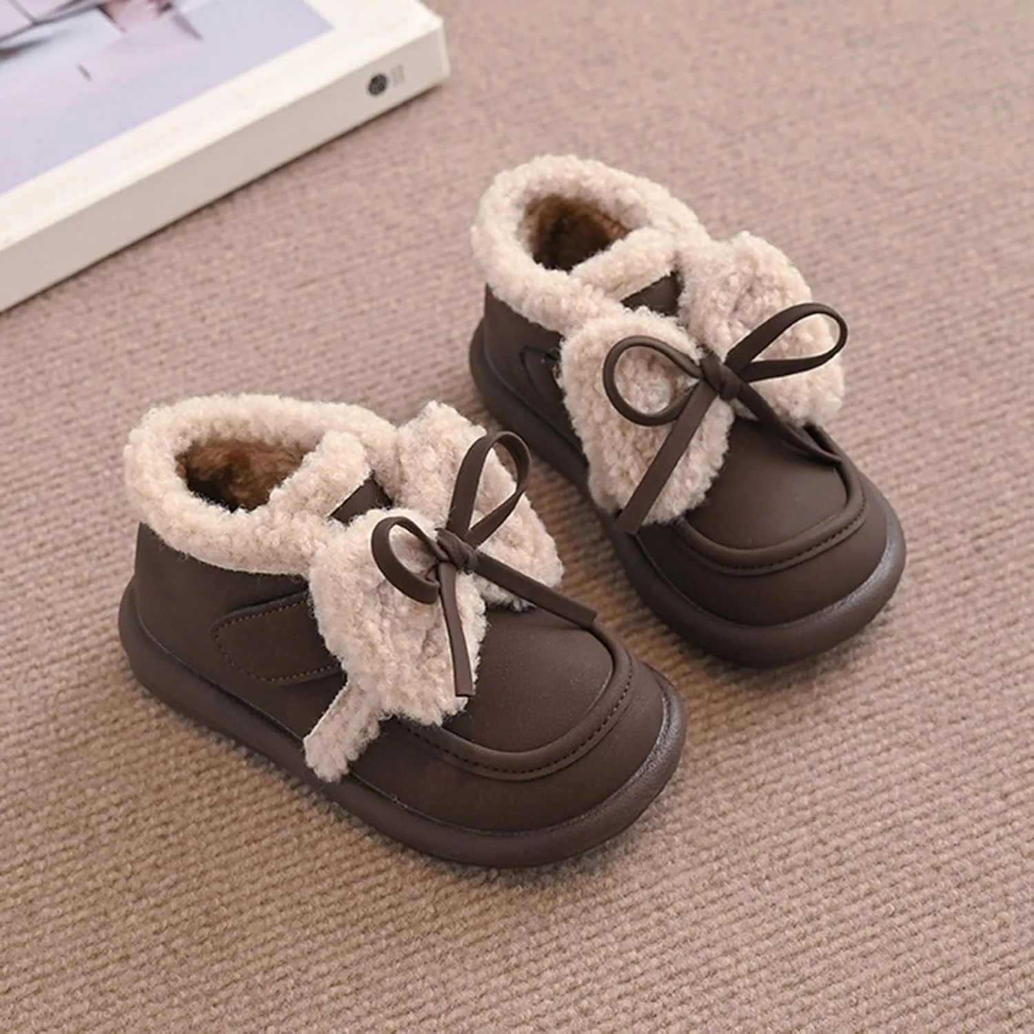 Toddler Girls Fleece Plush Ankle Boots Kids Winter Fashion Cute Bowknot Cotton Fr ining Comfy Soft Girl Shoes Cute