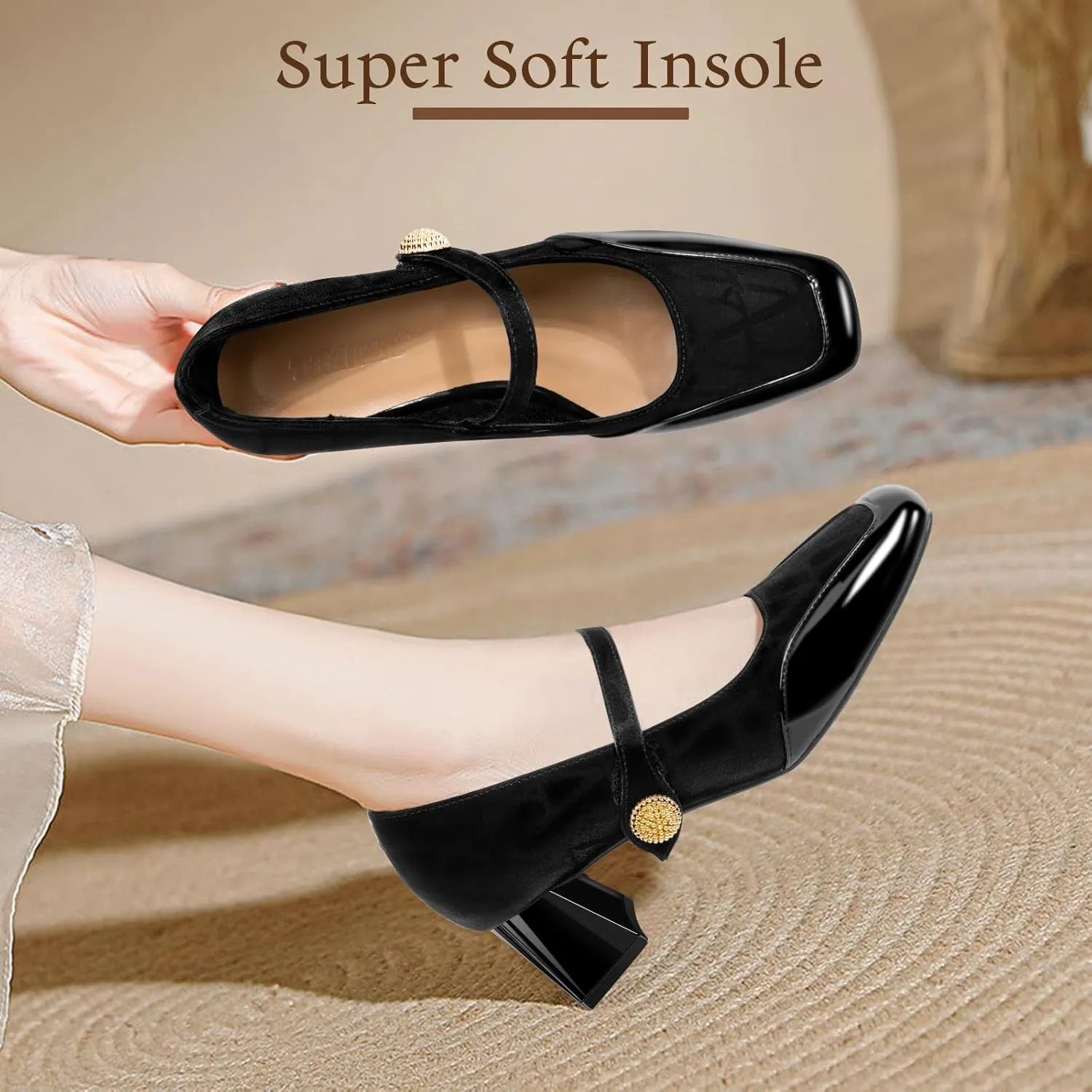 Trakxy Women Square Toe Mary Jane Pumps Shoes Comfortable Closed Toe Dress Shoes Chunky Block Heels Buckle Strap Fitted Pumps Ideal for Casual Work Wedding