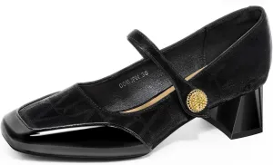 Trakxy Women Square Toe Mary Jane Pumps Shoes Comfortable Closed Toe Dress Shoes Chunky Block Heels Buckle Strap Fitted Pumps Ideal for Casual Work Wedding