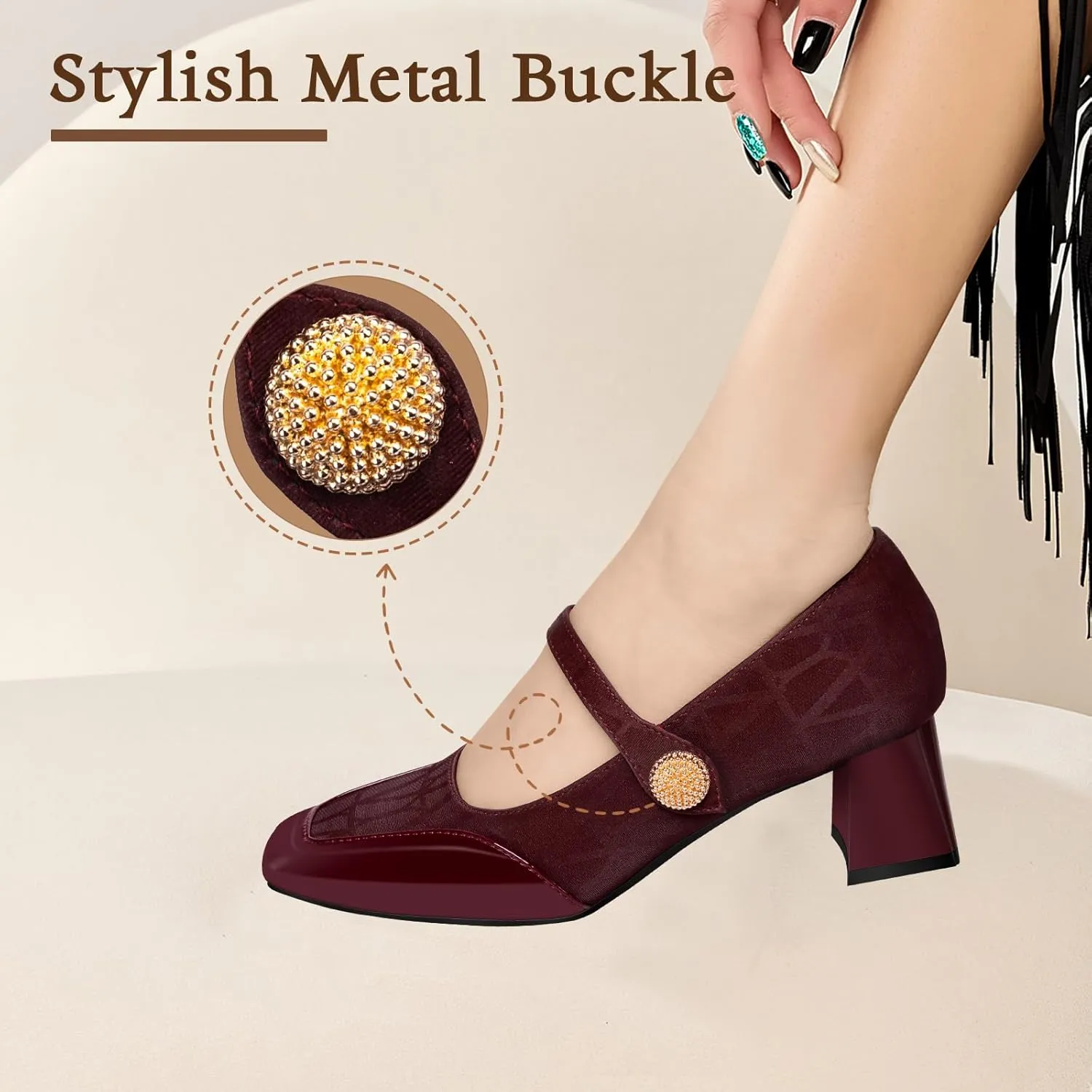 Trakxy Women Square Toe Mary Jane Pumps Shoes Comfortable Closed Toe Dress Shoes Chunky Block Heels Buckle Strap Fitted Pumps Ideal for Casual Work Wedding