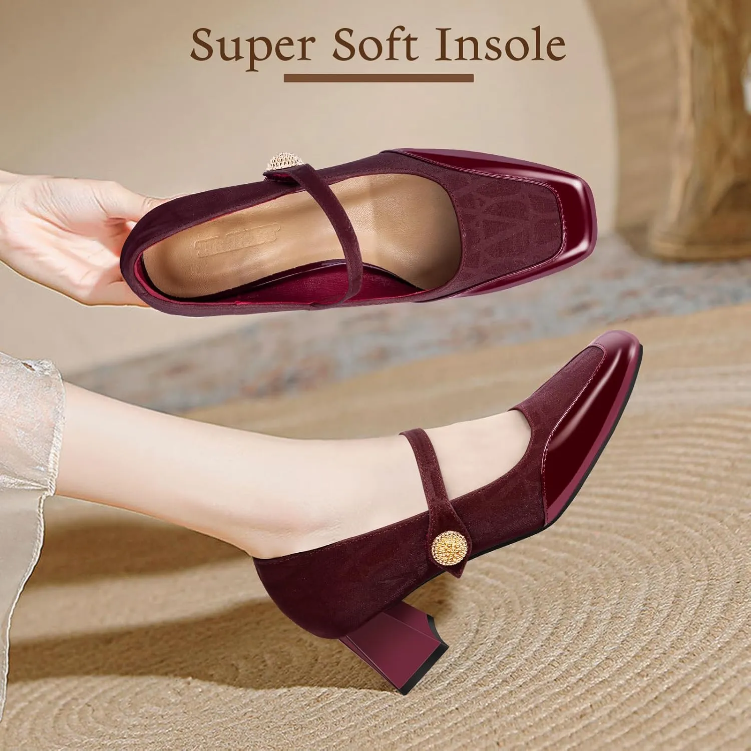 Trakxy Women Square Toe Mary Jane Pumps Shoes Comfortable Closed Toe Dress Shoes Chunky Block Heels Buckle Strap Fitted Pumps Ideal for Casual Work Wedding