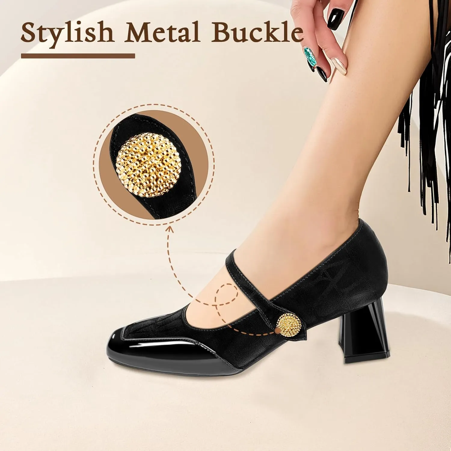 Trakxy Women Square Toe Mary Jane Pumps Shoes Comfortable Closed Toe Dress Shoes Chunky Block Heels Buckle Strap Fitted Pumps Ideal for Casual Work Wedding