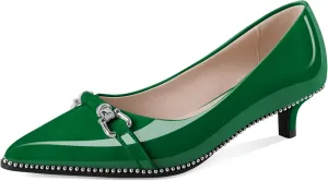 Women Green Kitten Pumps Low Heel Pointed Toe Shoes Ladies Trendy Classic Beaded Dressy Shoes for Event Party Green Patent Leather US Size 8.5