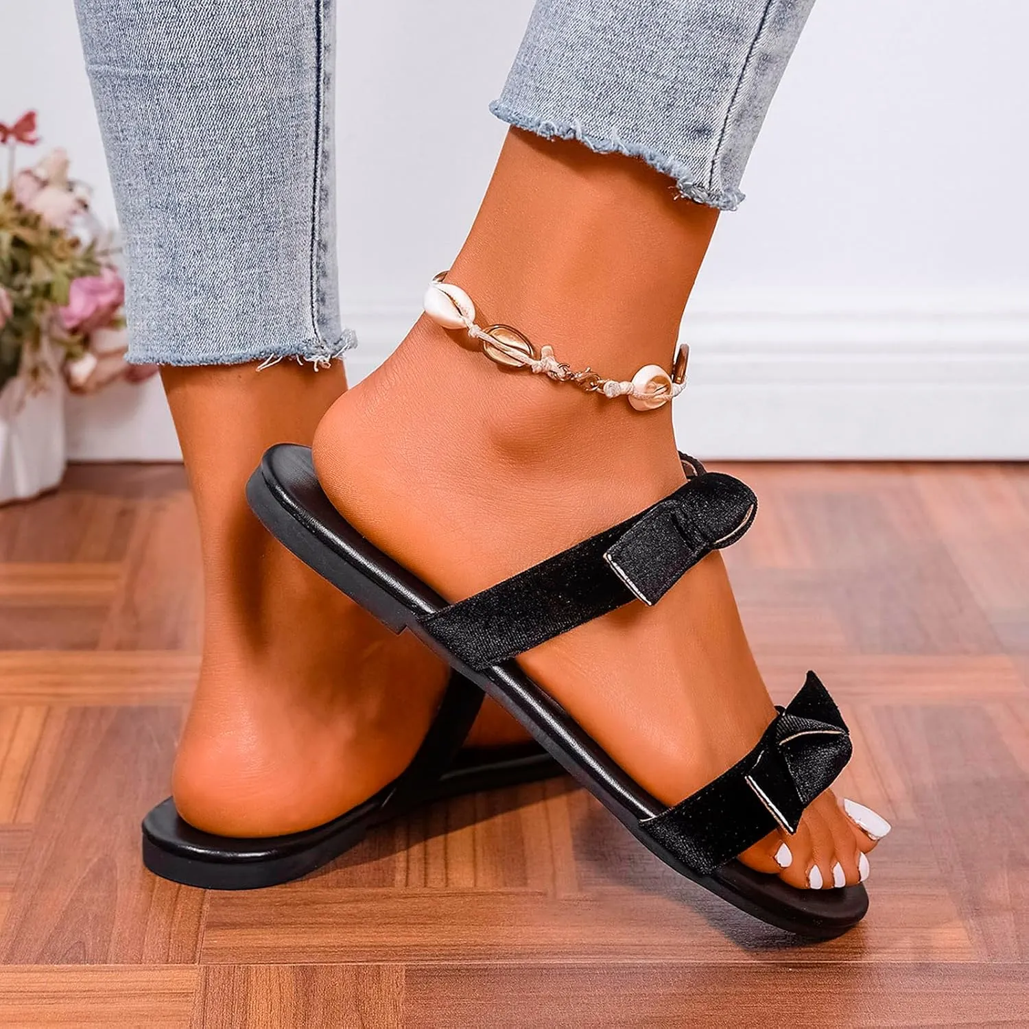 Women's Bow Flat Sandals Dressy Rhinestone Slides Comfort Sandals Cute Slip On Shoes Clog Slippers for Women Size 11