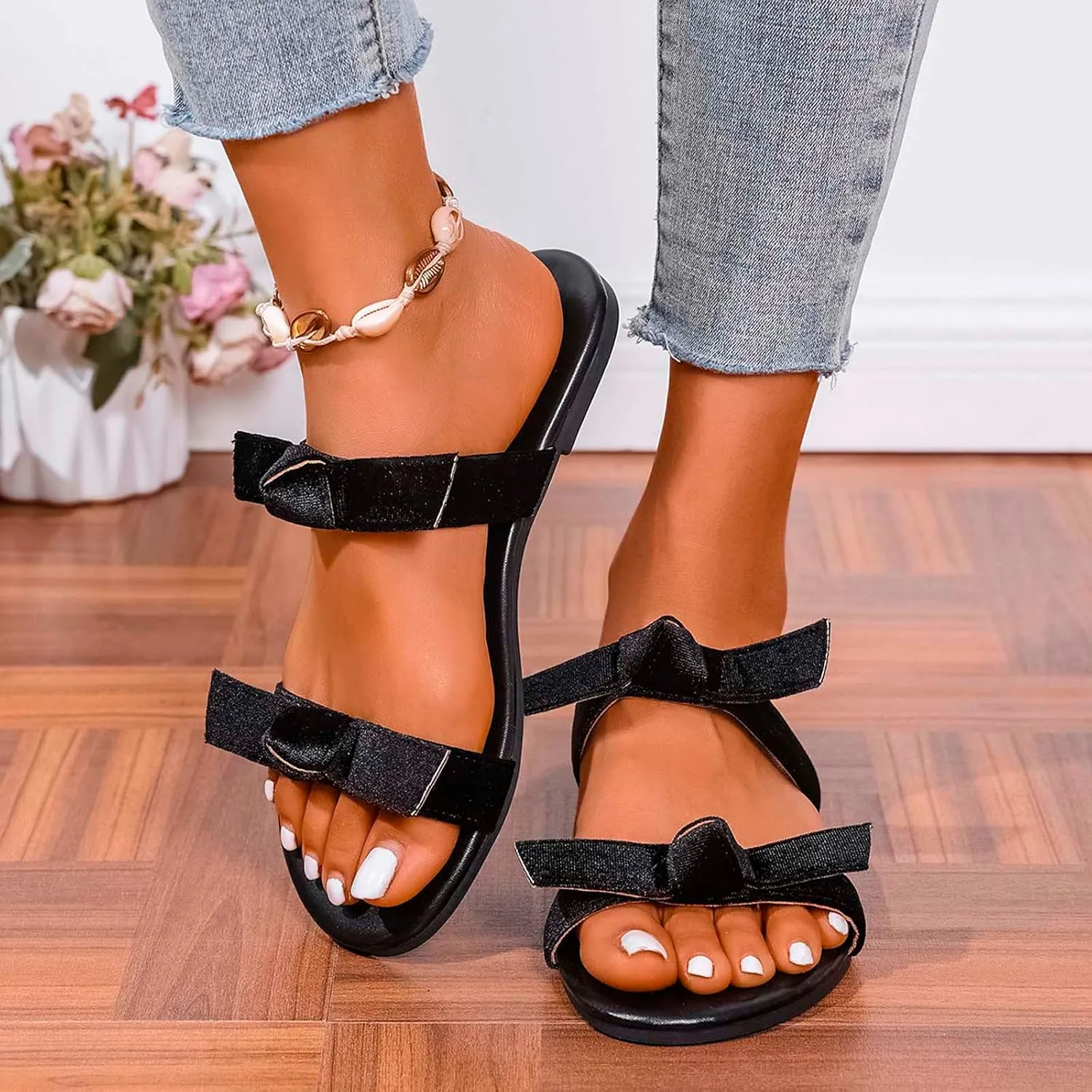 Women's Bow Flat Sandals Dressy Rhinestone Slides Comfort Sandals Cute Slip On Shoes Clog Slippers for Women Size 11