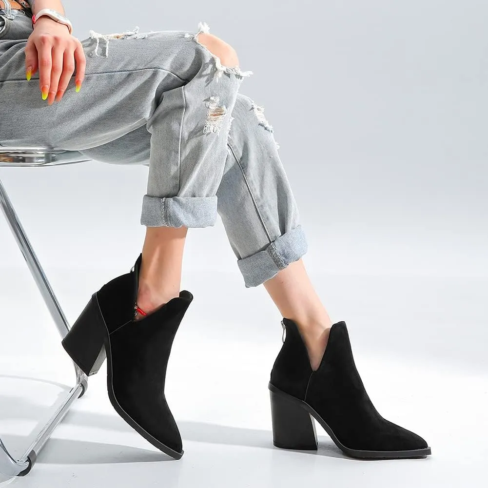 Women's Casual Cut Out Ankle Boots High Chunky High Heels Slip On Booties