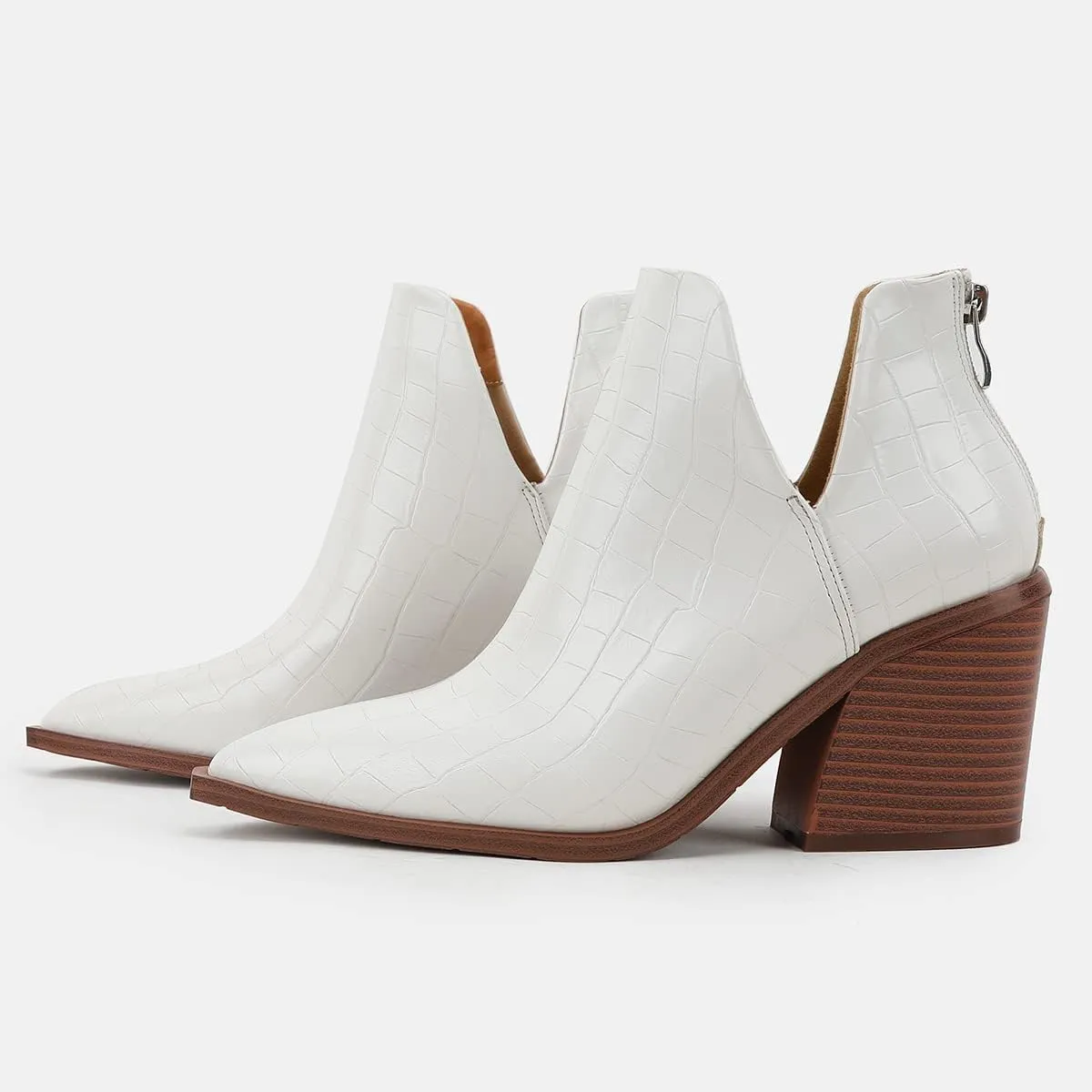 Women's Casual Cut Out Ankle Boots High Chunky High Heels Slip On Booties