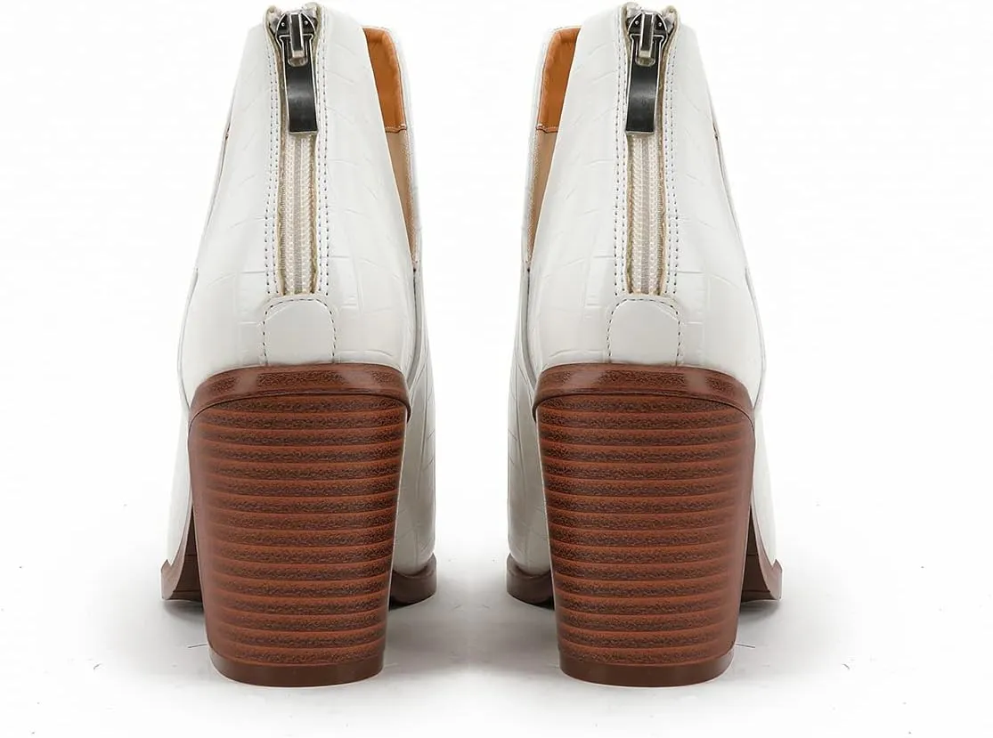 Women's Casual Cut Out Ankle Boots High Chunky High Heels Slip On Booties