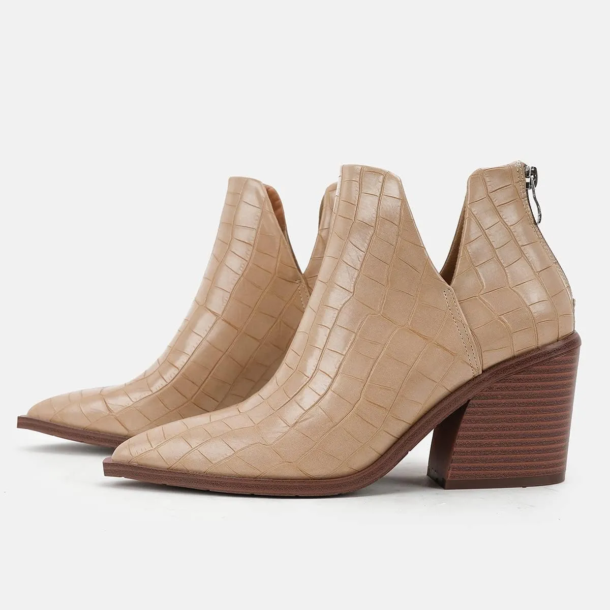 Women's Casual Cut Out Ankle Boots High Chunky High Heels Slip On Booties
