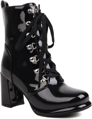 Women's Chunky High Heels Ankle Boots Lace Up Zip Round Toe Patent Leather Winter Dressy Short Booties