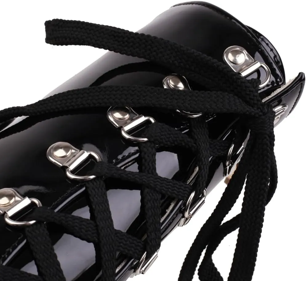 Women's Chunky High Heels Ankle Boots Lace Up Zip Round Toe Patent Leather Winter Dressy Short Booties