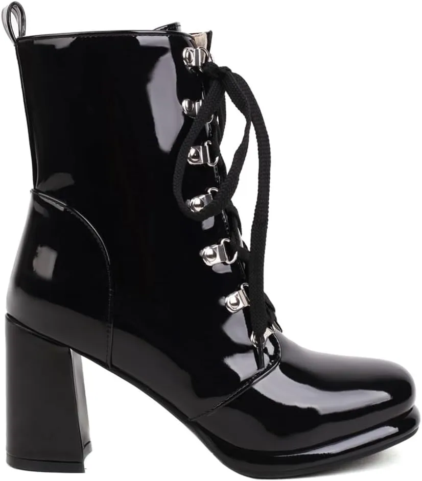 Women's Chunky High Heels Ankle Boots Lace Up Zip Round Toe Patent Leather Winter Dressy Short Booties