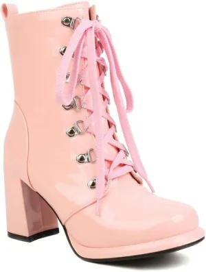 Women's Chunky High Heels Ankle Boots Lace Up Zip Round Toe Patent Leather Winter Dressy Short Booties