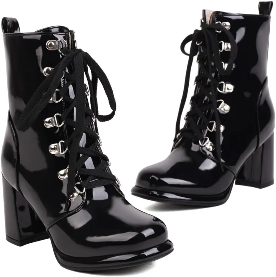 Women's Chunky High Heels Ankle Boots Lace Up Zip Round Toe Patent Leather Winter Dressy Short Booties