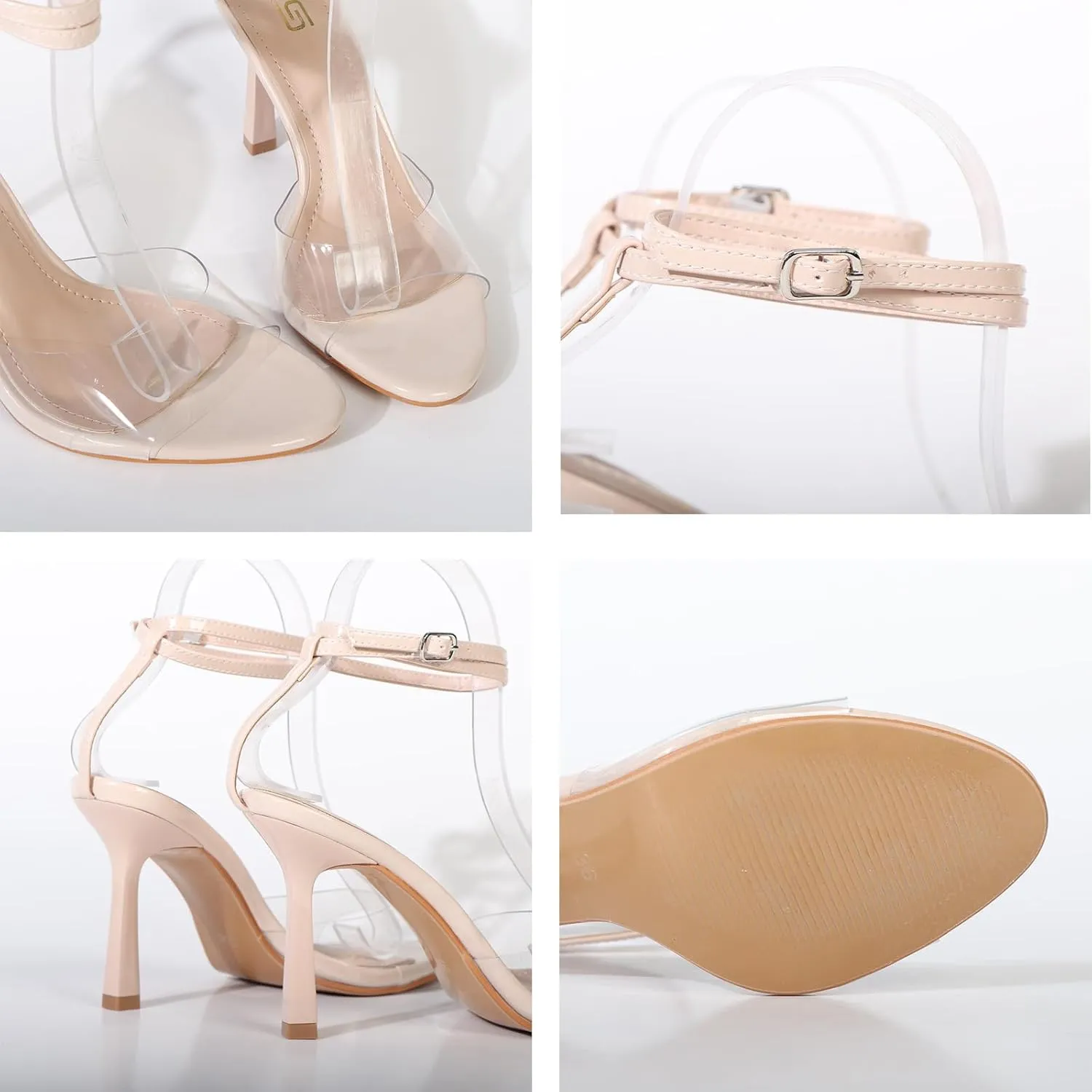 Women's Clear Round Open Toe Stiletto Sandals Fashion Adjustable Ankle Strap Transparent Sexy Kitten Heel Slingback Dress Shoes Summer Backless Wedding Prom Party Evening Heel Sandals