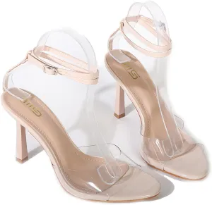 Women's Clear Round Open Toe Stiletto Sandals Fashion Adjustable Ankle Strap Transparent Sexy Kitten Heel Slingback Dress Shoes Summer Backless Wedding Prom Party Evening Heel Sandals