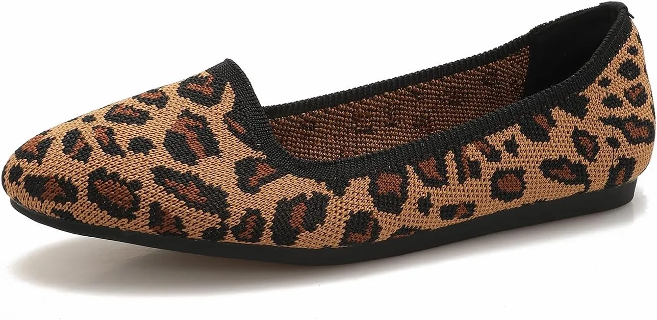 Women's Closed Round Toe Knit Ballet Flats Leopard Print Knitted Flat Shoes for Women Comfortable Work Slip On Flats Office Daily Casual Shoes