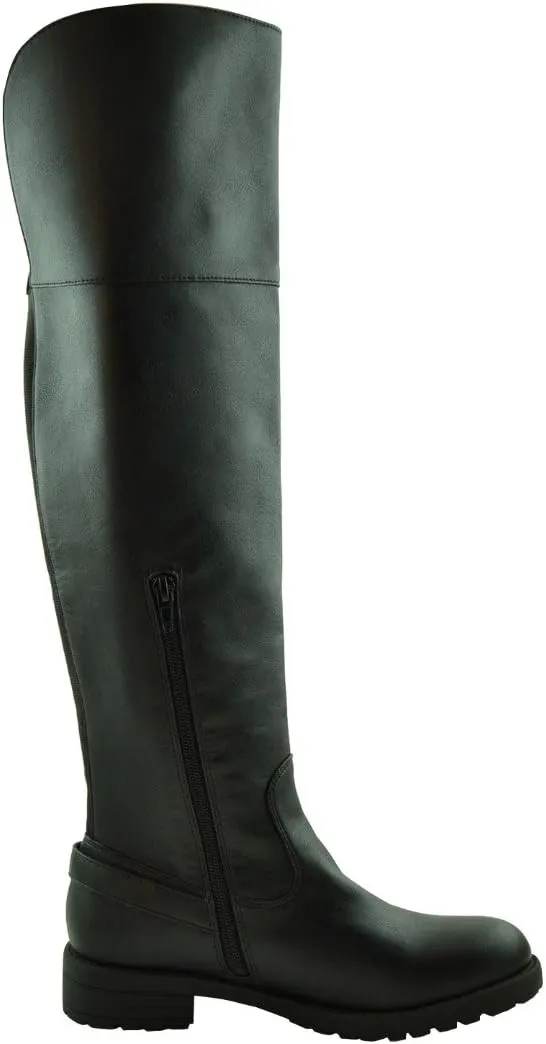 Womens Knee High Boots Faux Leather Buckle Accent Riding Foldable Cuff