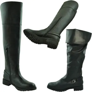 Womens Knee High Boots Faux Leather Buckle Accent Riding Foldable Cuff