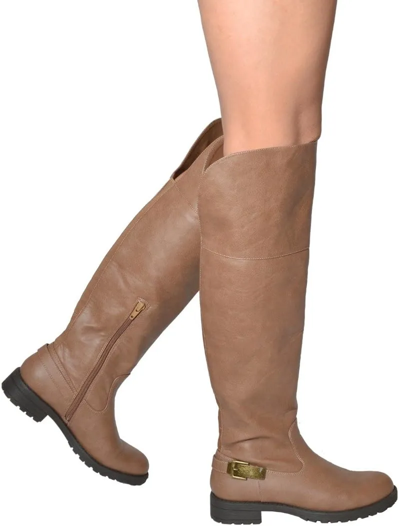 Womens Knee High Boots Faux Leather Buckle Accent Riding Foldable Cuff
