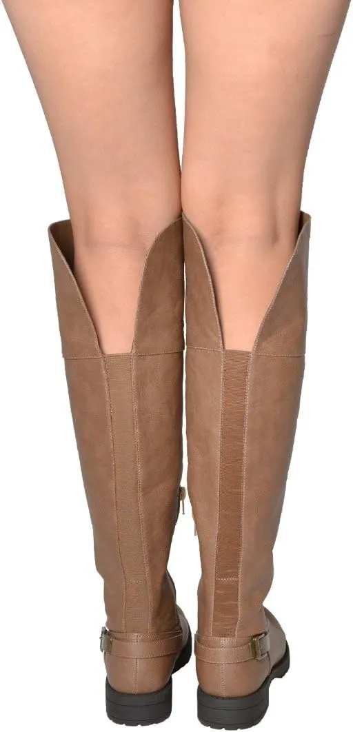 Womens Knee High Boots Faux Leather Buckle Accent Riding Foldable Cuff