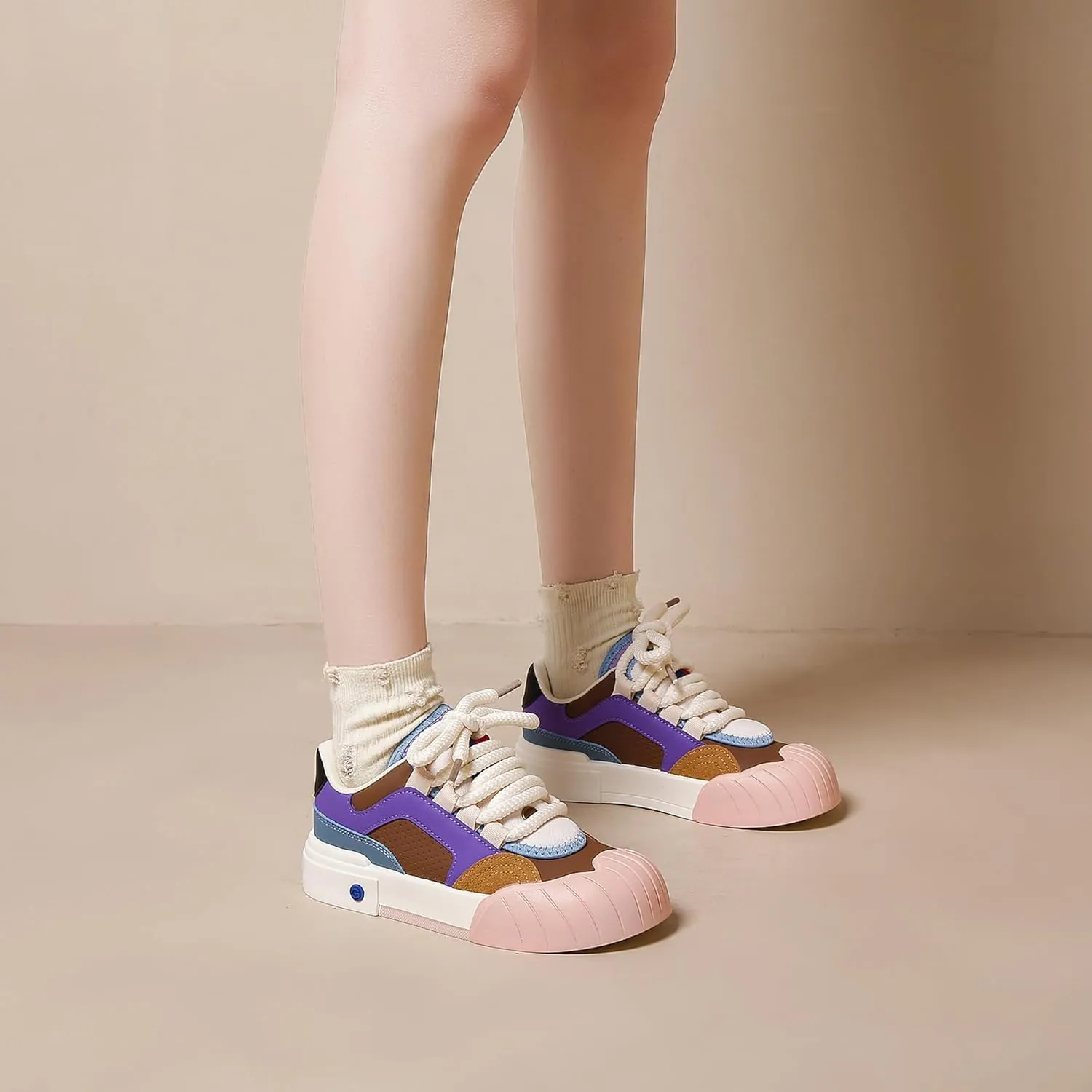 Womens Lightweight Sneakers Trendy Colorblock Lace Up Casual Shoes Breathable Tennis Shoes