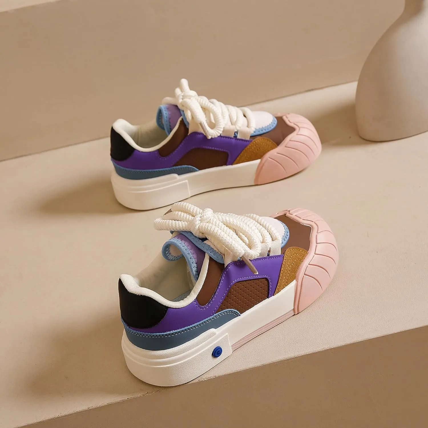 Womens Lightweight Sneakers Trendy Colorblock Lace Up Casual Shoes Breathable Tennis Shoes