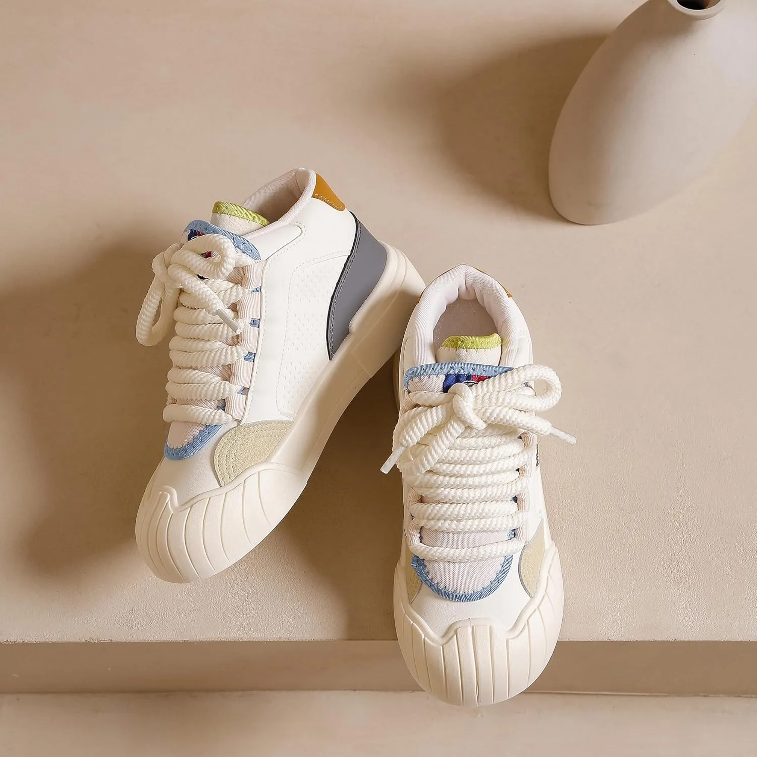 Womens Lightweight Sneakers Trendy Colorblock Lace Up Casual Shoes Breathable Tennis Shoes