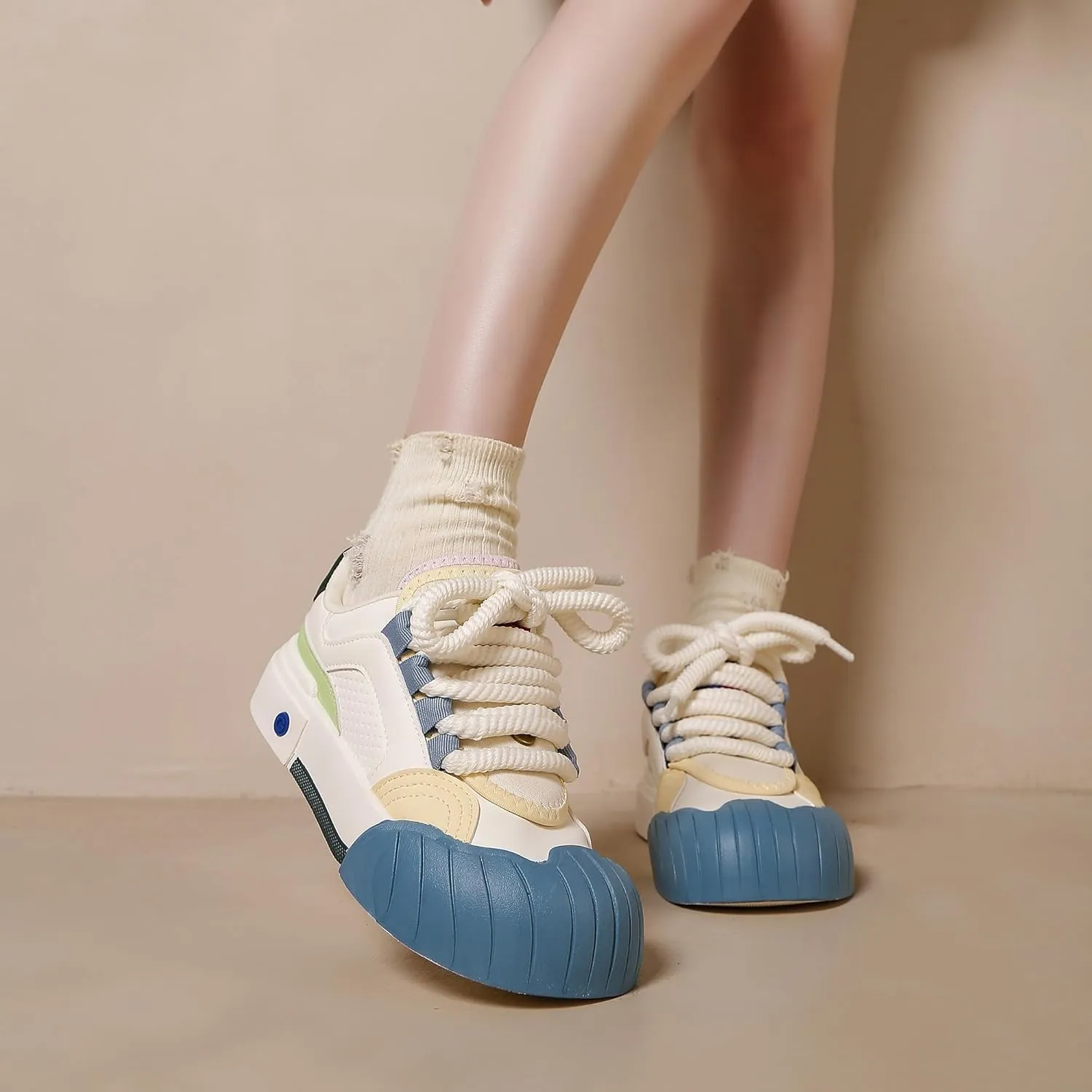 Womens Lightweight Sneakers Trendy Colorblock Lace Up Casual Shoes Breathable Tennis Shoes