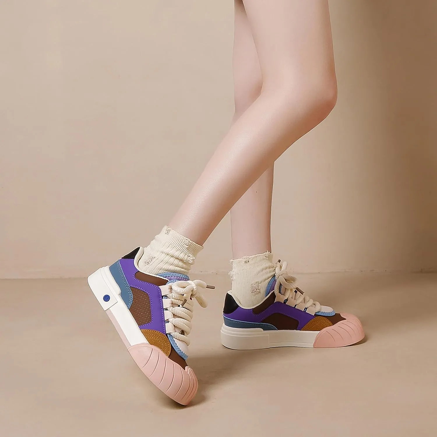Womens Lightweight Sneakers Trendy Colorblock Lace Up Casual Shoes Breathable Tennis Shoes