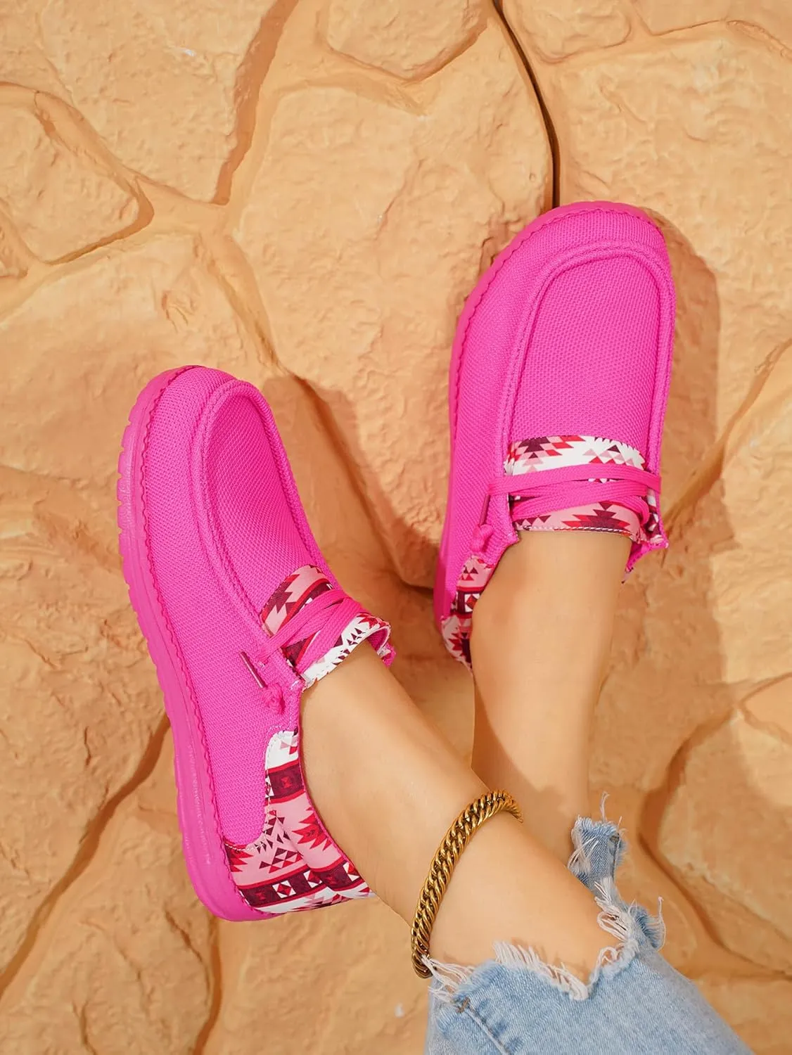 Women’s Slip-On Loafers, Geometric Pattern Casual Shoes, Lightweight Non-Slip Boat Deck Shoes with Comfortable Fit
