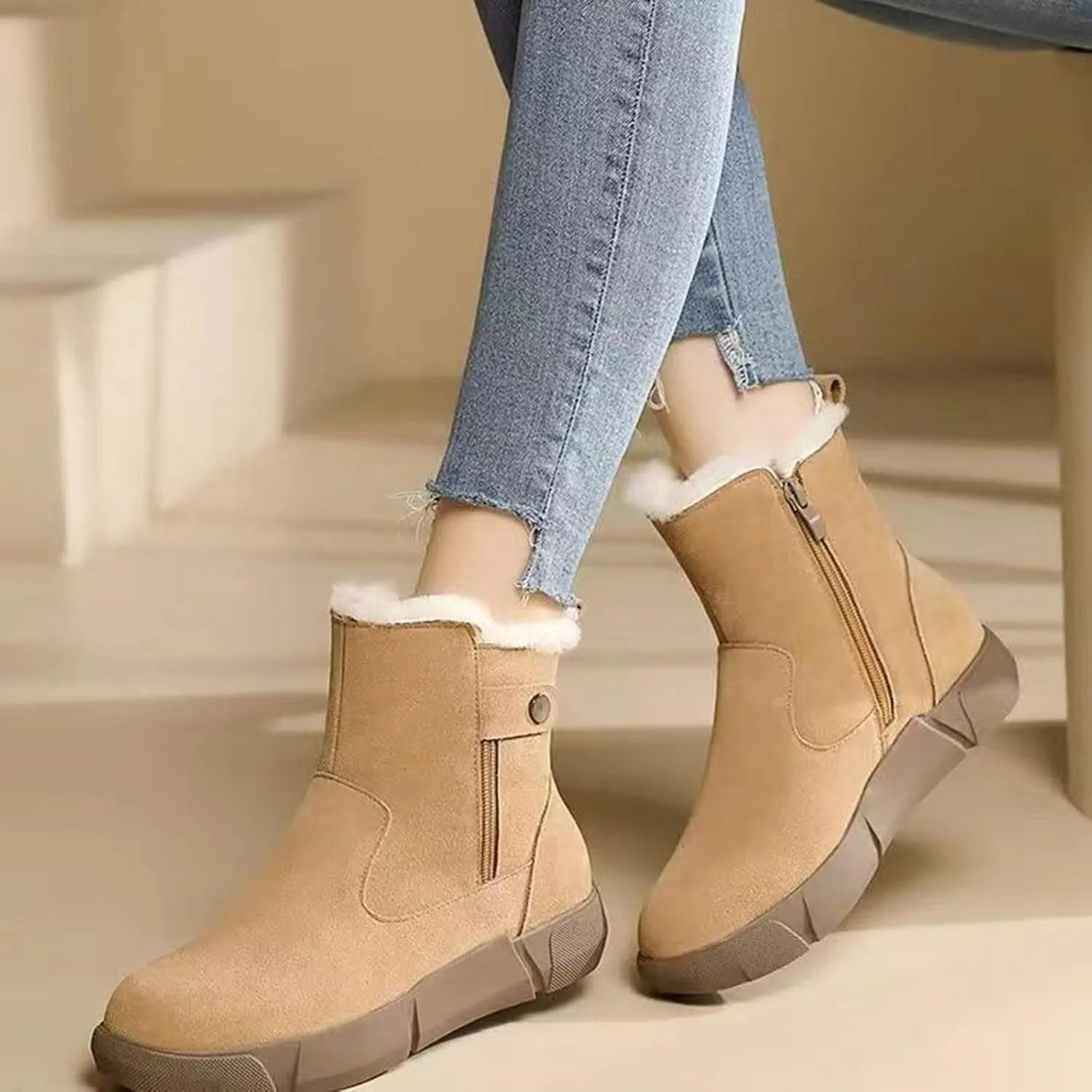 Women's Winter Snow Boots with Fur Lined Lightweight Ankle Booties Anti Slip Comfortable Warm Winter Shoes Slip On Ankle Boots Round Toe Thick Sole High-Top Sneakers with Side Zipper