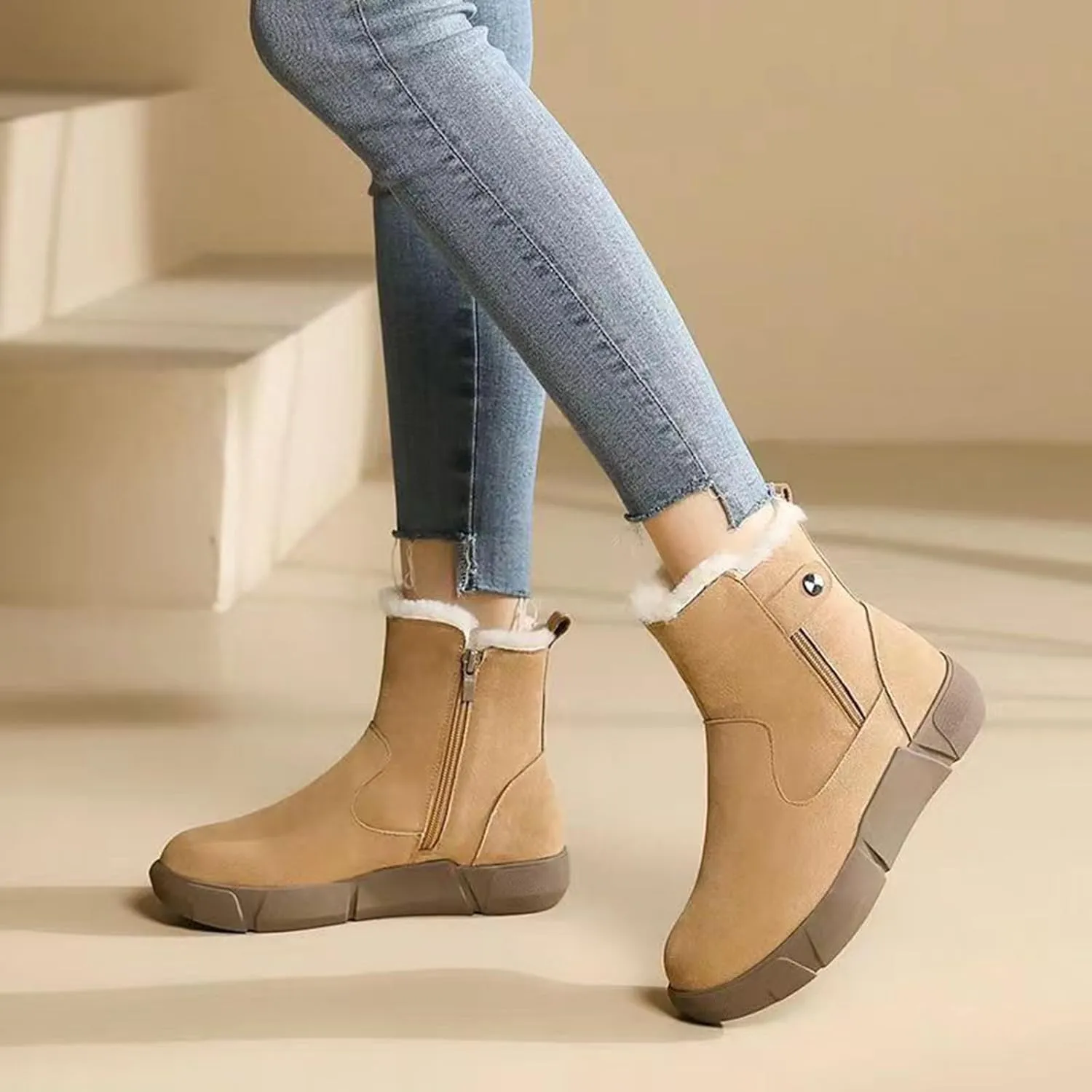 Women's Winter Snow Boots with Fur Lined Lightweight Ankle Booties Anti Slip Comfortable Warm Winter Shoes Slip On Ankle Boots Round Toe Thick Sole High-Top Sneakers with Side Zipper