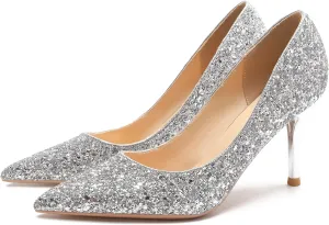 YooPrettyz Women Glitter Pointed Toe Dressy High Heels Shoes Sequin Evening Pumps Wedding Jewelled Party Heels